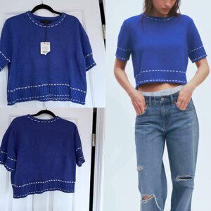 NWT Zara Blue Short Sleeve Sweater w/ White Faux Contrast Stitch Size L - Large